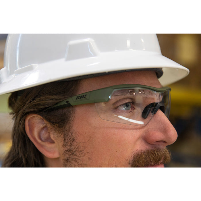 Premium Ballistic Impact Rated Clear Lens Anti-Fog Safety Glasses in Drab Green 12-Pair Bulk Pack