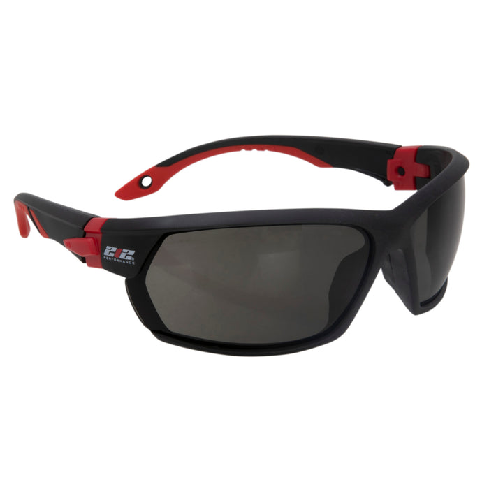 Premium Anti-Fog Smoke Grey Tinted Lens Safety Glasses With Removeable Headband in Black and Red 12-Pair Bulk Pack