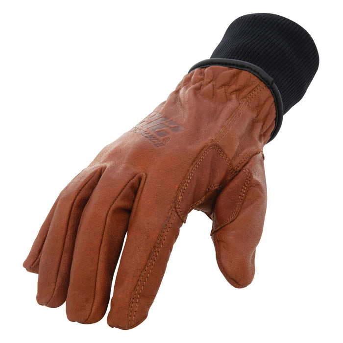 Fleece Lined ANSI A3 Cut Resistant Buffalo Leather Driver Winter Work Glove with Rib Knit Cuff in Russet Brown