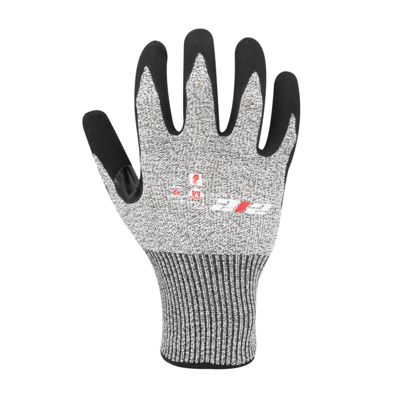 Heavy-Duty Seamless Sandy Gripped Nitrile ANSI Cut 4 Resistant Gloves in Gray and Black
