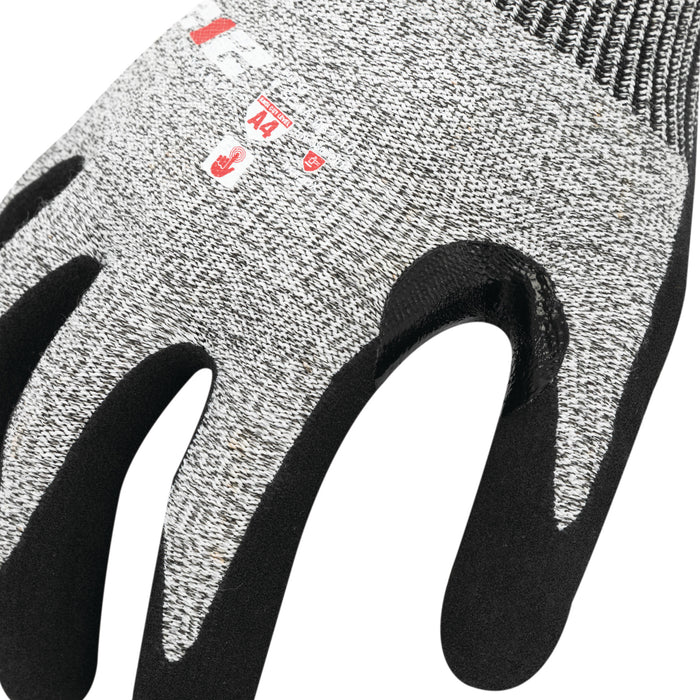 Heavy-Duty Seamless Sandy Gripped Nitrile ANSI Cut 4 Resistant Gloves in Gray and Black