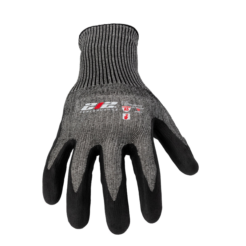 Nitrile Foam-Dipped ANSI A5 Cut Resistant Touchscreen Compatible Seamless Work Gloves in Black and Gray