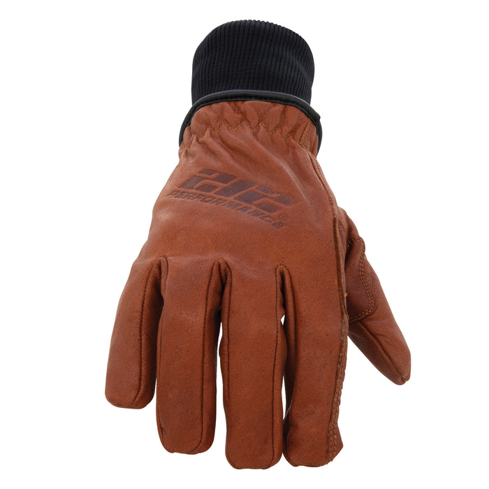 Waterproof Fleece Lined Buffalo Leather Driver Winter Work Glove with Rib Knit Cuff in Russet Brown