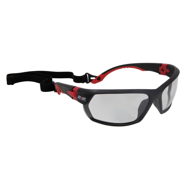Premium Anti-Fog Clear Lens Safety Glasses with Removeable Headband in Black and Red 12-Pair Bulk Pack